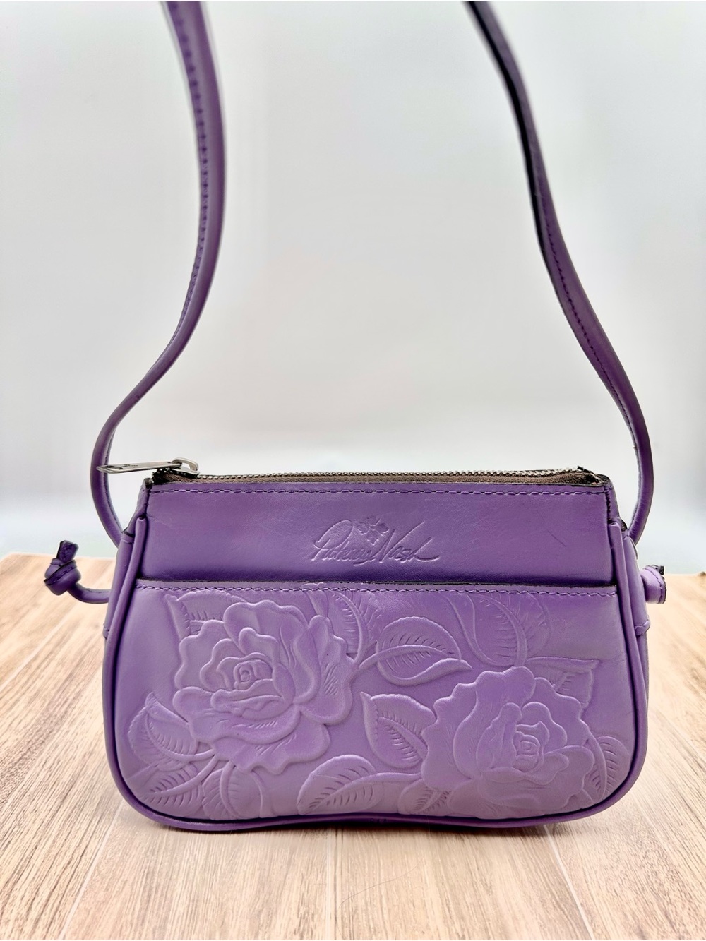 Patricia Nash Amethyst Purple Bacoli Rose Tooled Leather Embossed Crossbody Bag